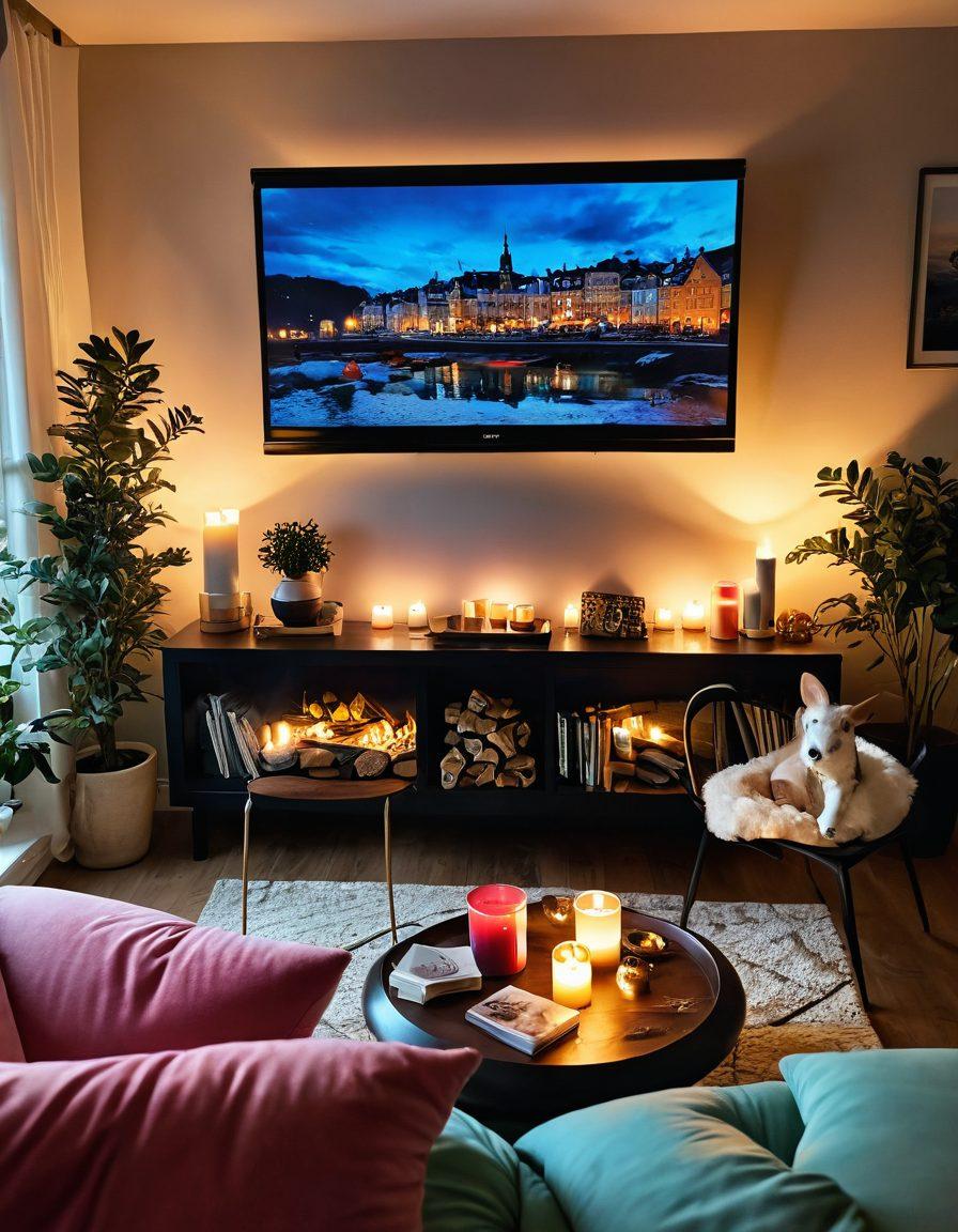 A warm, inviting living room with a cozy couch, a large screen showcasing various ITV shows, and flickering candles symbolizing passion for storytelling. Include characters from beloved ITV dramas interacting in a dreamy, ethereal way, surrounded by popcorn and soft blankets. The vibe should evoke comfort and excitement, inspiring viewers to dive into their favorite series. vibrant colors. cozy atmosphere. 3D.