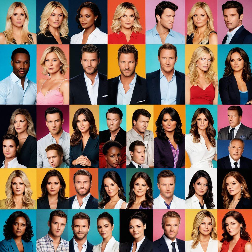 A dynamic collage showcasing iconic scenes from popular ITV soap operas and reality shows, blending emotional expressions of joy, heartbreak, and drama. Include dramatic lighting and vibrant colors to amplify the intensity of emotions, with a background hinting at a television screen to symbolize storytelling. Overlay the images with a subtle gradient for a cohesive look. super-realistic. vibrant colors. dramatic lighting.