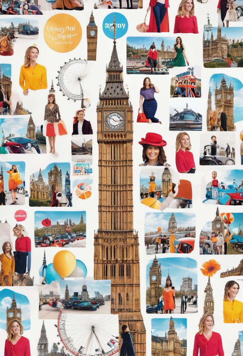 A vibrant collage showcasing diverse viewers engaged with various ITV programs, smiling and sharing stories, set against iconic UK landmarks like Big Ben and the London Eye. Subtle elements like film reels and social media icons weaving through the scene to signify connection and engagement. Bright and cheerful colors reflecting joy and community. super-realistic. vibrant colors. white background.
